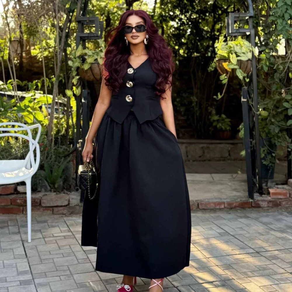 ZARA Elegant African Collared Button Vest and Long Dress Two Piece Set